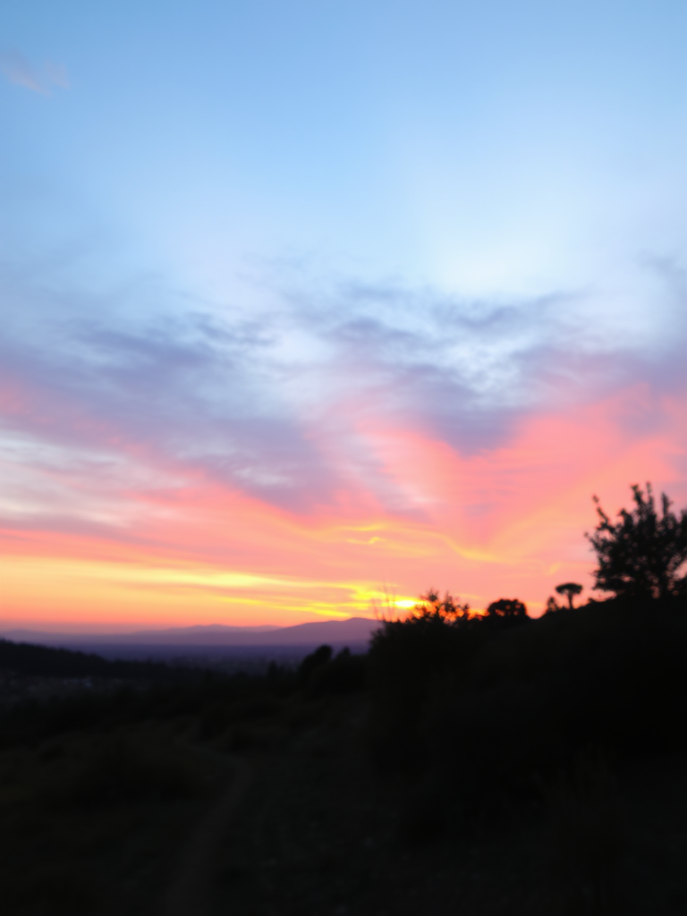 High-resolution image of a serene landscape during sunset with vibrant colors, using a DSLR camera with a 50mm lens, aperture f/1.8, ISO 100, shutter speed 1/200s, wide view, landscape orientation, soft focus background.