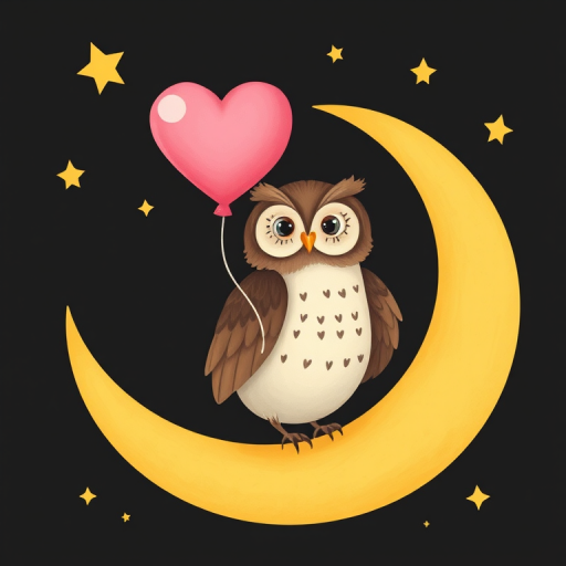 Create a whimsical illustration of an owl holding a pink heart-shaped balloon while perched on a crescent moon against a black background, with stars surrounding it, using a Canon EOS R5, 50mm lens, f/1.8 aperture, ISO 100, focused on the owl for sharp detail and vibrant colors.