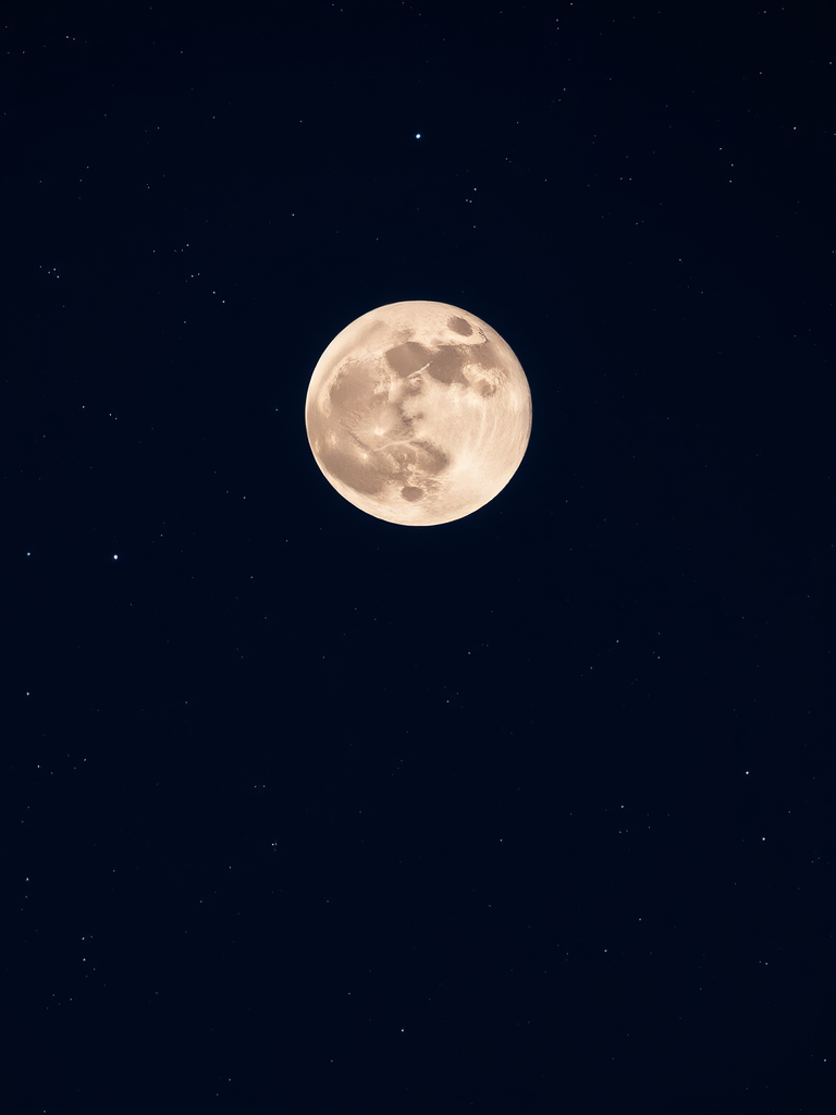 Capture a high-resolution image of a full moon against a starry night sky, using a DSLR camera with an aperture of f/8, ISO 100, a shutter speed of 1/125s, telephoto lens at 200mm, and in manual focus mode to enhance detail and clarity.