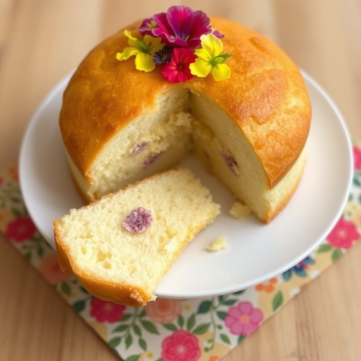 A beautifully baked fluffy cake with a golden brown crust partially sliced showing its soft interior decorated with edible flowers on a white plate with a colorful napkin underneath.