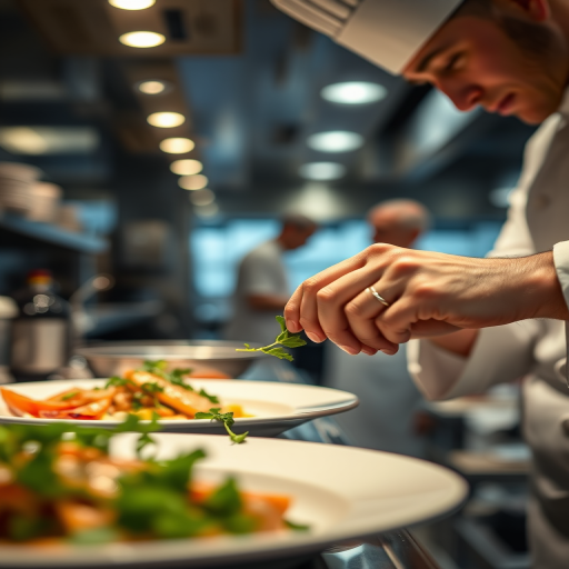 Warmly lit close-up of a chef garnishing a plate with fresh herbs in a gourmet kitchen, soft glow from overhead lights illuminating the food, with distant bustling kitchen activity slightly blurred.