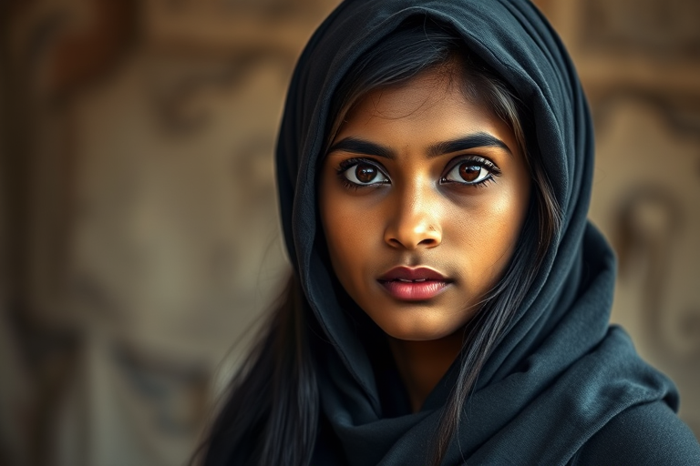 Create a portrait of a young Indian woman with long, dark hair and captivating hazel eyes. She is wearing a black headscarf and a matching scarf draped gracefully around her neck. The background is softly blurred, focusing attention on her serene and natural expression. The overall color palette is muted and warm, enhancing the intimate and authentic feel of the portrait.