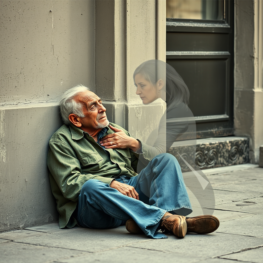 beautifully weathered old homeless veteran sitting on the ground slumping against the wall of a building with his eyes closed. there is an Ethereal, translucent figure of a beautiful elderly woman comforting him