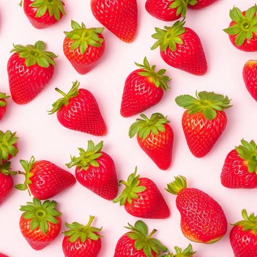 generate a vibrant pattern of pink strawberries with green leaves on a light pink background, shot with a DSLR camera at f/4, ISO 100, 1/200s, overhead view, in a flat lay style for enhanced clarity and detail.
