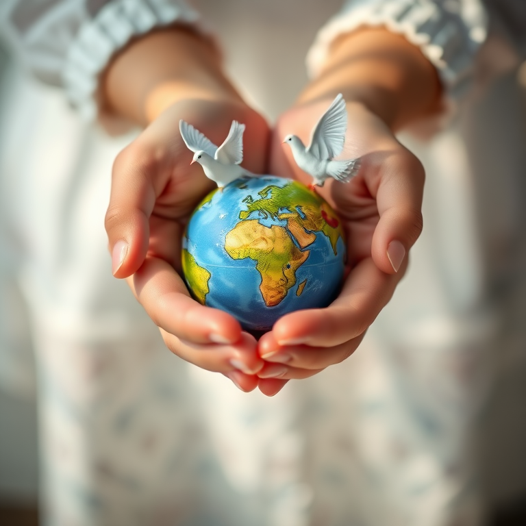 A pair of hands gently cradling a stylized globe with two doves in flight, soft natural lighting, shallow depth of field, captured with a Canon EOS R5, 50mm lens, f/2.8, ISO 100, 1/200 sec.