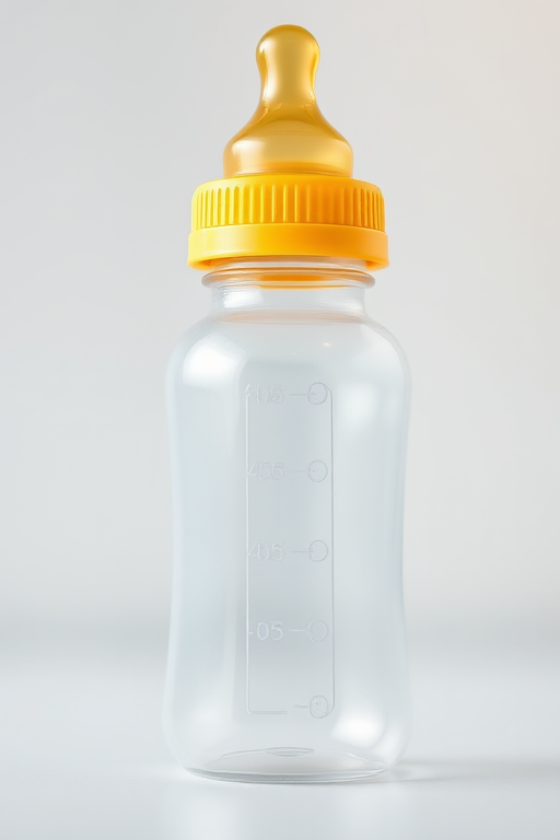 Create a high-resolution digital illustration of a baby bottle with a yellow nipple and white body, shot in a macro view using a DSLR camera at f/2.8 aperture, ISO 100, and a shutter speed of 1/200 sec under soft natural lighting for enhanced clarity and detail.