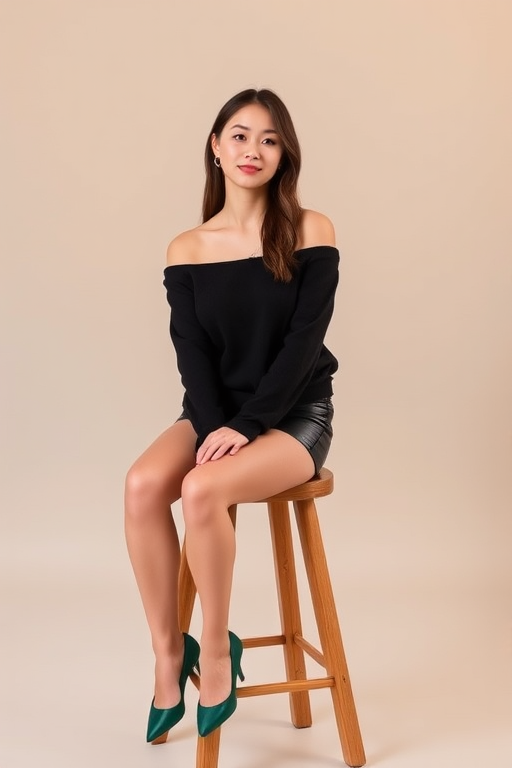 Portrait of a young woman sitting on a wooden stool with a neutral background, wearing an off-shoulder black sweater and leather shorts, styled with green high-heeled shoes, taken with a DSLR camera, aperture f/2.8, shutter speed 1/125 sec, ISO 100, natural lighting, focus on the subject with a shallow depth of field.