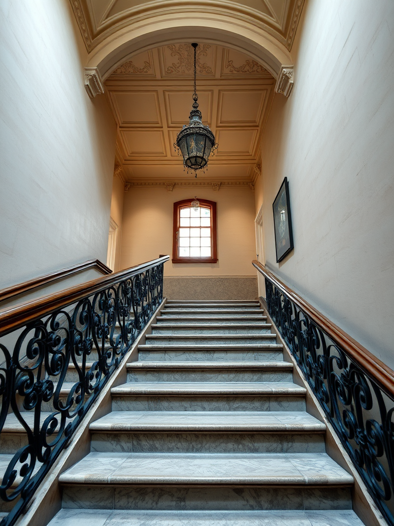 a wide-angle view of an elegant staircase with ornate metal railings, shot with a DSLR camera at f/8 aperture, ISO 100, 1/125 sec shutter speed, natural lighting, focus on textures and details, high-resolution image