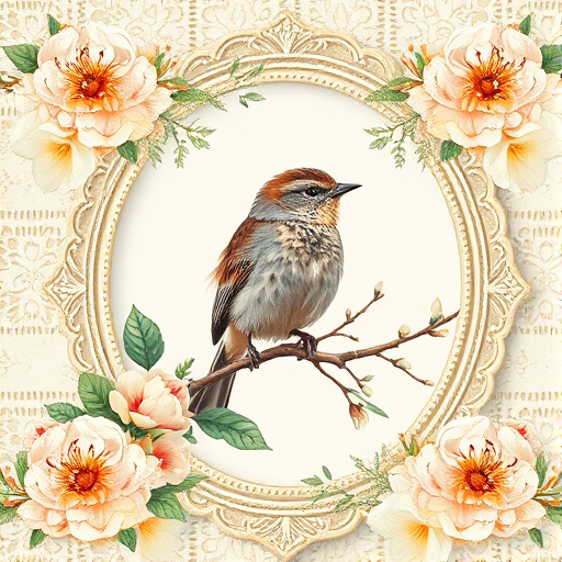 Create a vintage-style floral collage featuring a bird perched on a branch, surrounded by ornate lace frames and soft pastel colors, shot with a Canon EOS 5D Mark IV, f/2.8 aperture, 50mm lens, natural light, high-resolution.