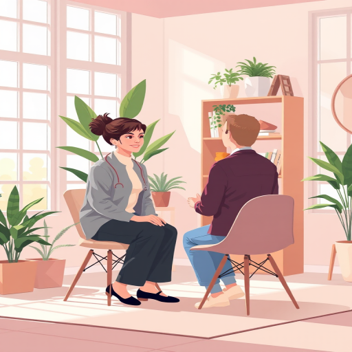 Create a digital illustration of a therapist sitting across from a client in a cozy, modern room with large windows, featuring indoor plants, a bookshelf, and decorative items; use a soft color palette and relaxed composition; camera settings: 50mm lens, f/2.8 aperture, ISO 100, natural light; camera style: warm tones, minimalistic; camera type: digital illustration.