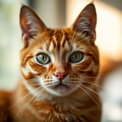 A close-up photograph of an orange tabby cat with piercing eyes, captured in soft natural light, using a Canon EOS 5D Mark IV, f/2.8 aperture, ISO 100, 50mm lens, shallow depth of field to create a blurred background and enhance sharpness on the cat's face.