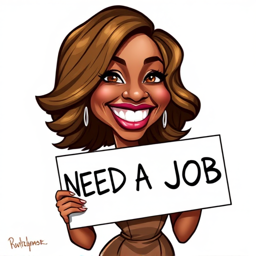 caricature of a smiling Michelle Williams in a Bronze dress or suit, holding up a sign that says "NEED A JOB", no watermark,
