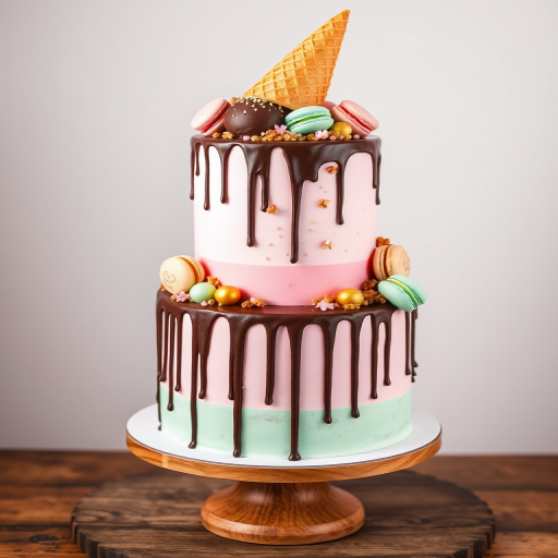 Create an image of a tall multi-tiered cake with pastel colors including pink and mint green. The cake should have chocolate drips cascading down the sides and be adorned with colorful macarons, gold balls, and small decorative flowers. At the top, there should be an ice cream cone along with a scoop of chocolate ice cream and sprinkles. The cake is displayed on a round wooden cake stand with a decorative base.