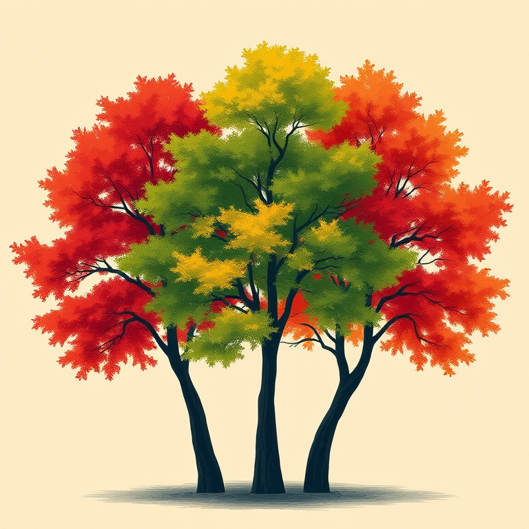 regenerate a stylized illustration of three abstract trees with vibrant red, green, and yellow colors against a soft beige background, using a Canon EOS R5 with a 50mm f/1.2 lens, aperture set to f/2.8, ISO 100, and a soft-focus background to enhance color contrast and clarity.