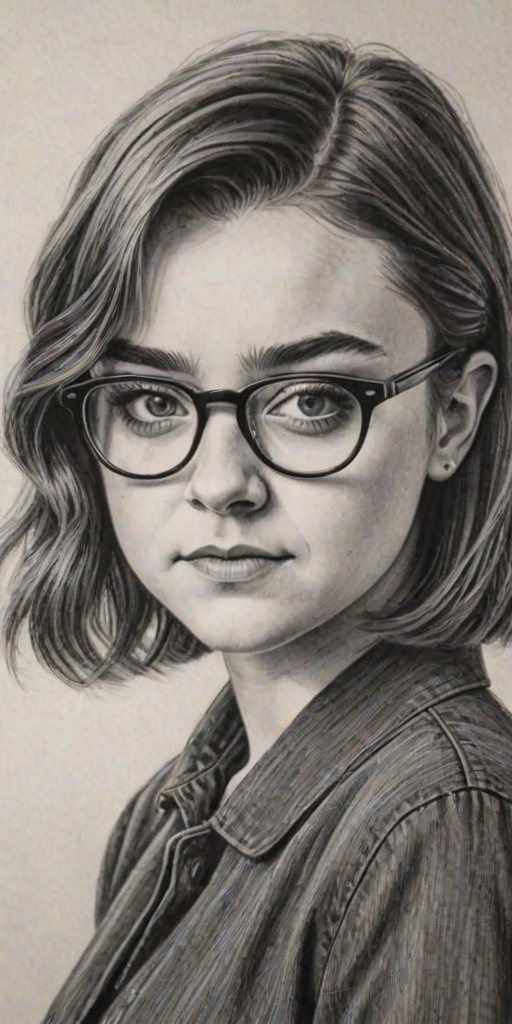 Splendid Maisie Williams, pencil sketch, portrait of Superb woman 1936s in glasses, hair style beatnik, outline, clear lines, fine lines, 8k