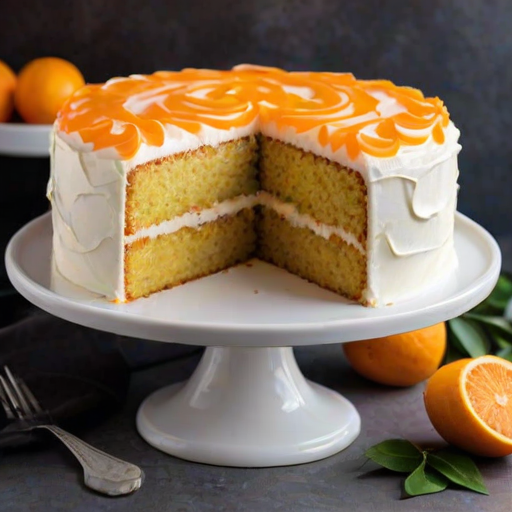 Create an image of a round orange cake with a smooth white frosting and decorative swirls on top. The cake is cut to reveal its vibrant orange layers inside. Place the cake on a white cake stand and surround it with fresh oranges, some whole and some cut in half. Add a subtle background with greenery to enhance the presentation.