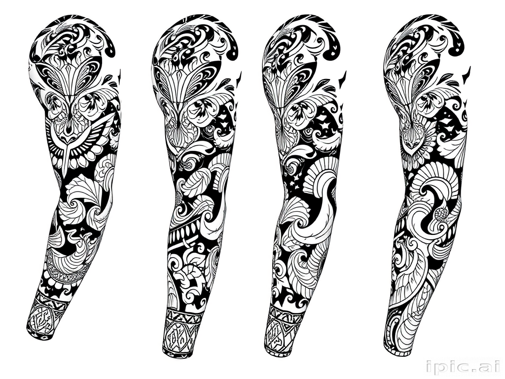 Tribal-inspired blackwork tattoo featuring intricate Polynesian-style patterns and symbols, woven together to form a cohesive full-sleeve design with bold negative space