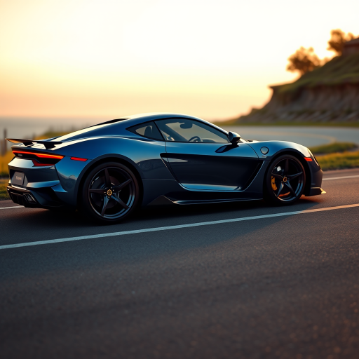Generate an image of a luxury sports car parked on the side of a road during what appears to be dawn or dusk, given the soft light and shadows. The car should have a sleek design with aerodynamic features, a low-profile stance, and large, alloy wheels. It should display a contemporary color scheme, possibly a unique shade of blue that matches well with the ambient light in the setting. The vehicle's bodywork should gleam, reflecting the surrounding environment, and it should have distinctive lighting accents that enhance its sporty appearance. In the background, there should be a roadside with a grassy embankment on one side and possibly some trees or shrubbery along the edge of the pavement. The overall mood of the image should convey a sense of luxury, speed, and the tranquility of an early morning or late evening drive.