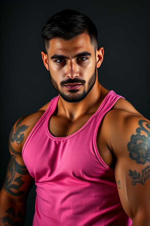 portrait of a muscular man with tattoos, wearing a pink tank top, strong expression, dramatic lighting, shot with a Canon EOS R5, 85mm f/1.2 lens, aperture f/1.8, ISO 100, shutter speed 1/200s, studio setting with textured background for enhanced contrast and detail