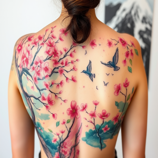Vibrant watercolor tattoo spanning across the back, depicting a lush forest scene with blooming cherry blossoms and soaring birds, featuring soft pastel hues and delicate brushstrokes that create a dreamy ethereal effect