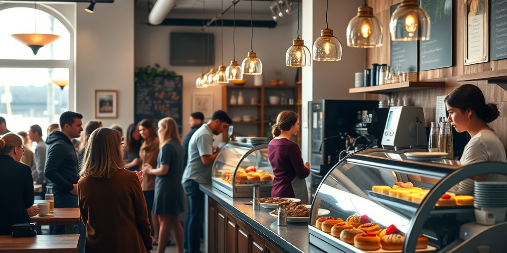 Warmly lit photo of a coffee shop filled with patrons, soft music creating a relaxed vibe, with delicious pastries displayed at the counter and friendly baristas at work.