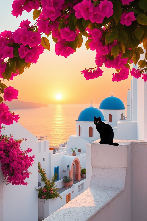 Create a vibrant digital illustration of a serene coastal village with whitewashed buildings and blue domes, featuring lush bougainvillea, a calm sea at sunset, and a black cat perched on a wall, captured in high resolution using a DSLR camera, 50mm lens, f/8 aperture, ISO 100, with a soft focus effect to enhance depth and clarity.