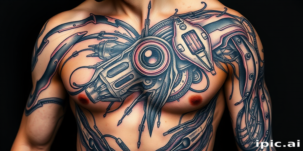 Biomechanical tattoo dubbed "Cyber Fusion" blending organic forms with mechanical elements to create the illusion of robotic parts seamlessly integrated with human anatomy