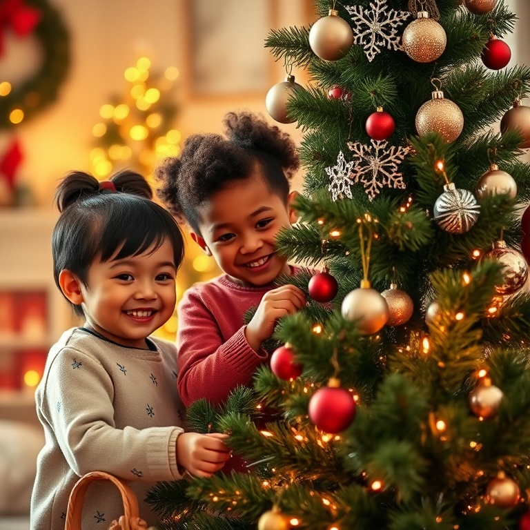 Generate an image of three children decorating a Christmas tree. They are smiling and placing ornaments on the tree. The setting is cozy and festive, with warm lighting and holiday decorations in the background. The children should have diverse appearances and be engaged in the activity, creating a joyful atmosphere.