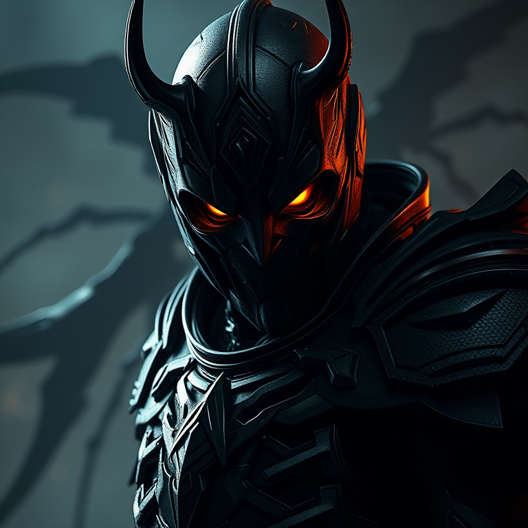 Create a high-resolution digital artwork of a dark, armored figure with glowing eyes and intricate details, set in a stylized, ominous environment with swirling shadows, using a Canon EOS R5 camera with a 50mm f/1.2 lens, at ISO 200, f/2.8 aperture, and a shallow depth of field for enhanced focus on the character, in a dramatic, cinematic style.