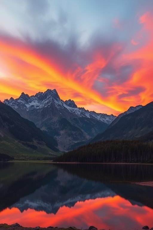 Create a high-resolution image of a serene mountain landscape during sunset, with vibrant colors in the sky and reflecting on a calm lake, shot with a Canon EOS R5, 24mm f/1.4 lens, ISO 100, aperture f/8, 1/125 sec, using a wide-angle view and HDR style.