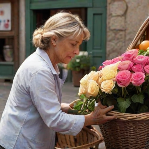 Flower market in a European village, the air filled with the scent of fresh blooms, a woman carefully selects a bouquet of roses, her basket already full of produce.