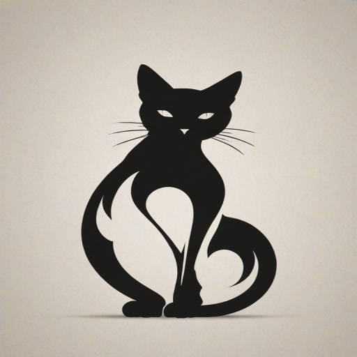 Create a minimalist black and white design featuring a stylized cat silhouette with exaggerated features, sitting elegantly against a plain background.