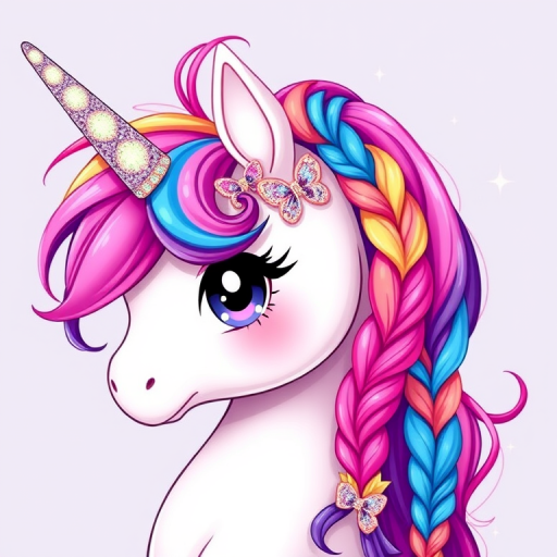 Whimsical rainbow-haired unicorn with a playful, high ponytail featuring colorful braids and glittery accessories