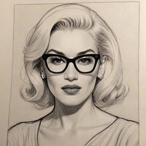 Splendid Gwen Stefani, pencil sketch, portrait of Beauteous woman 1956s in glasses, hair style beatnik, outline, clear lines, fine lines, 8k
