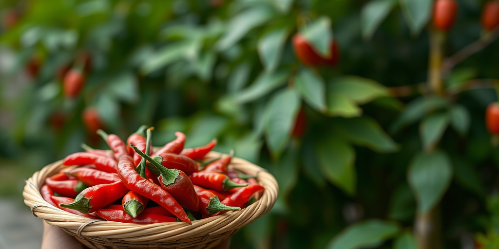 Capture a close-up of a round bamboo tray filled with freshly harvested red chilies, set against a blurred green foliage background, using a DSLR camera with a 50mm lens, aperture at f/2.8, ISO 200, and a shallow depth of field for enhanced focus on the tray.