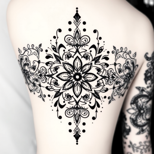 Ornamental blackwork tattoo titled "Lace Elegance" featuring intricate patterns inspired by delicate lace designs with symmetrical arrangements of swirls dots and geometric shapes creating a visually stunning and feminine aesthetic