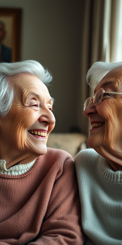 portrait of an elderly couple smiling at each other, soft lighting, shallow depth of field, 85mm f/1.4 lens, ISO 100, aperture f/2.0, 1/200s shutter speed, captured with a Canon EOS R5