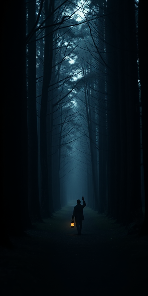 Generate a dark, mystical forest scene with a lone figure holding a lantern walking down a narrow path, surrounded by towering ancient trees, soft ambient lighting, depth of field focus on the figure, capture with a DSLR camera, ISO 200, aperture f/2.8, shutter speed 1/60s, 24mm lens.