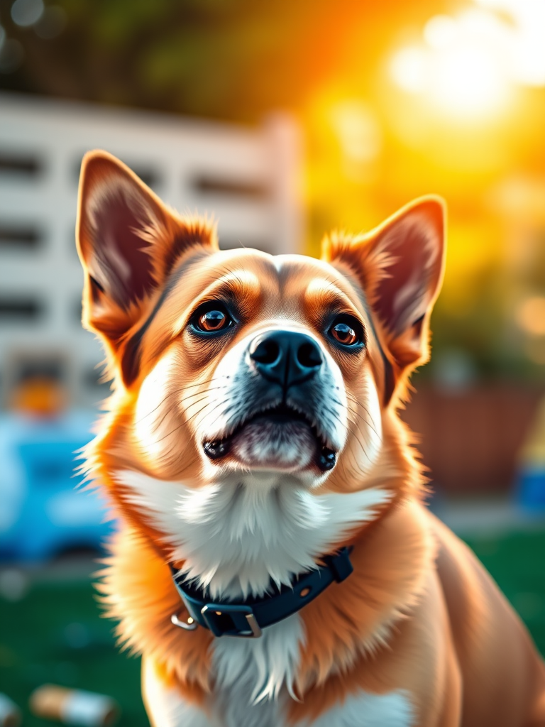 Create a high-resolution vector illustration of a stylized dog, using a 50mm lens with aperture f/2.8 for a shallow depth of field, shot in a bright outdoor setting, with a focus on vibrant colors and smooth gradients, emulating a DSLR camera style.