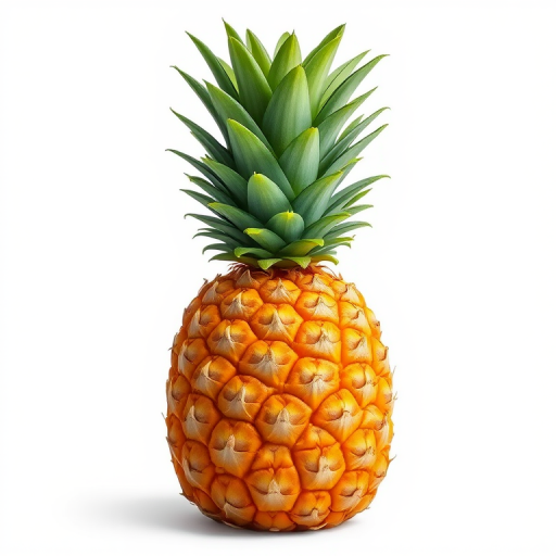 Create a vibrant illustration of a pineapple with detailed green leaves and textured yellow skin, captured with a Canon EOS R5 at f/2.8, ISO 100, and a 50mm lens in a studio setting with soft lighting.