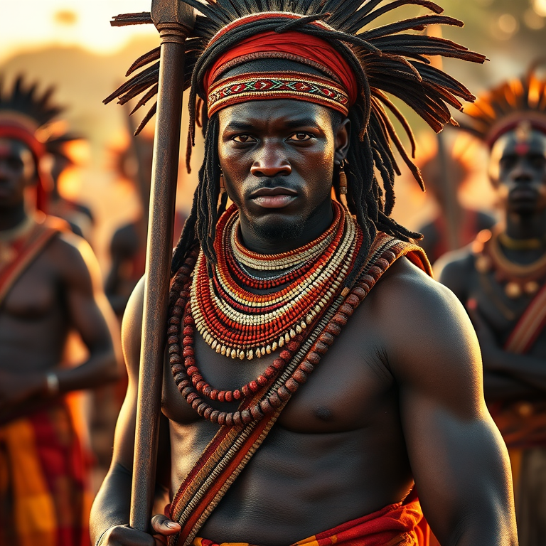 Create an image of a strong African warrior in traditional attire, featuring intricate beadwork and a spear, with a group of warriors in the background, shot in golden hour lighting with a shallow depth of field, using a DSLR camera at f/2.8, ISO 100, 50mm lens, capturing vibrant colors and fine details in the textures.