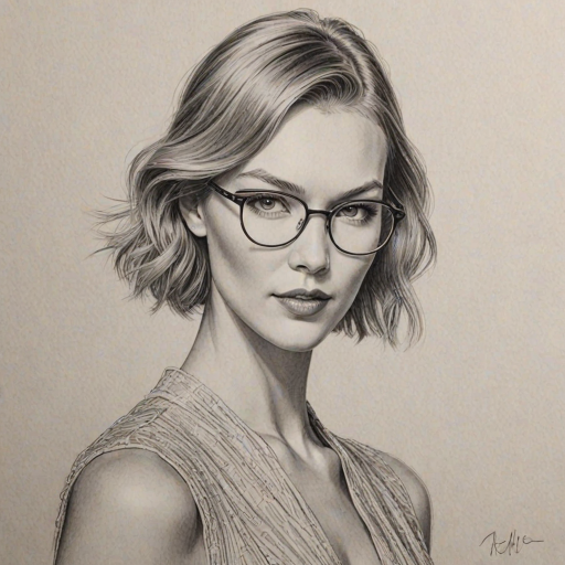 Resplendent Karlie Kloss, pencil sketch, portrait of Dazzling woman 1927s in glasses, hair style beatnik, outline, clear lines, fine lines, 8k