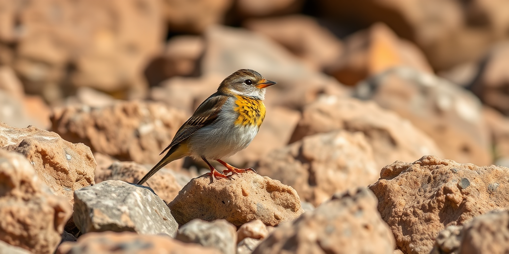 A close-up shot of a bird perched on weathered rocks, with vibrant natural colors, using a DSLR camera, aperture at f/5.6, shutter speed 1/200s, ISO 400, captured in natural light, from a low angle to emphasize details and textures.