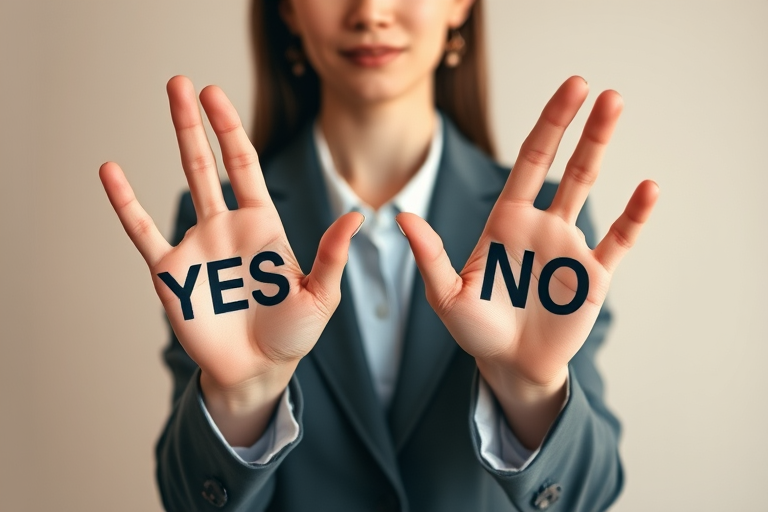 Create an image of a woman in a business suit with a neutral background, displaying her hands with the words YES and NO in bold letters, shot with a Canon EOS R5, 35mm lens, f/2.8 aperture, ISO 100, natural lighting, and a balanced composition.