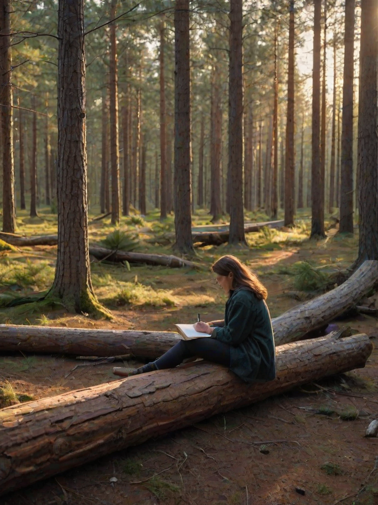 Serene forest clearing at dusk, with tall pine trees surrounding the area, a woman sits on a large fallen log, sketching in her notebook as the last rays of sunlight filter through the branches.