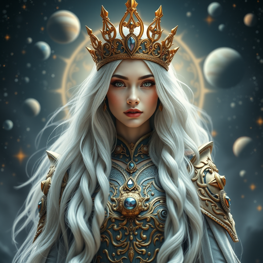Portrait of a fantasy queen with long flowing white hair and a golden crown, intricately detailed ornate armor with jewels, standing in a celestial background filled with stars and planets, high resolution, shallow depth of field, f/1.8 aperture, 50mm lens, soft lighting, DSLR camera, vibrant colors, high contrast, dramatic shadows.
