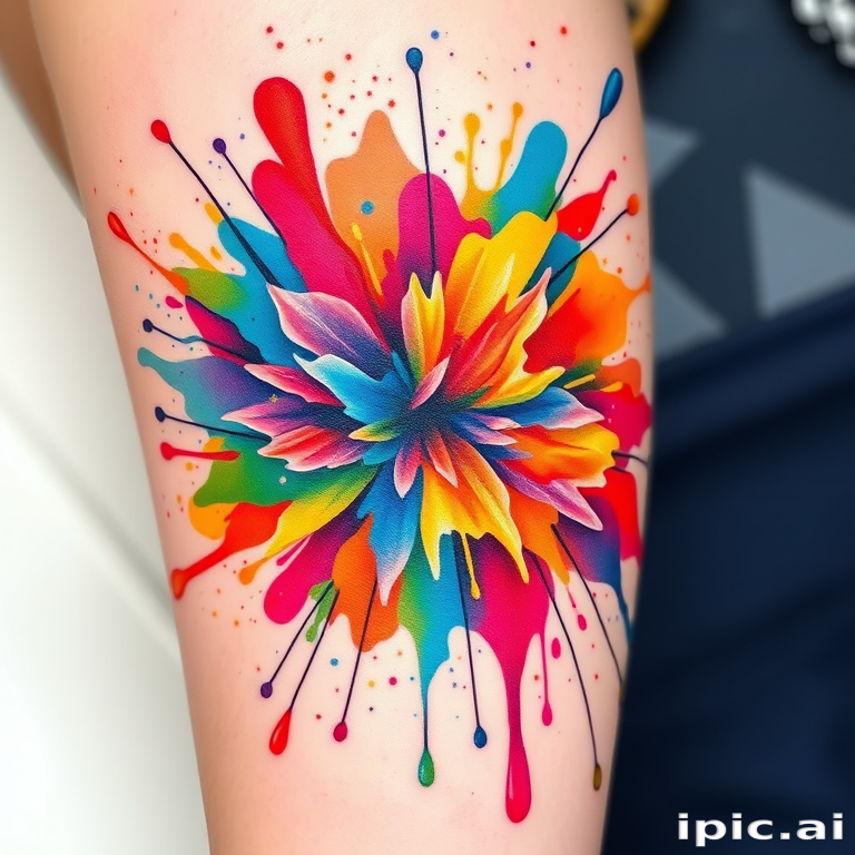 Watercolor splash tattoo called "Chromatic Explosion" featuring a burst of vibrant rainbow hues blending and bleeding together in a dynamic abstract pattern