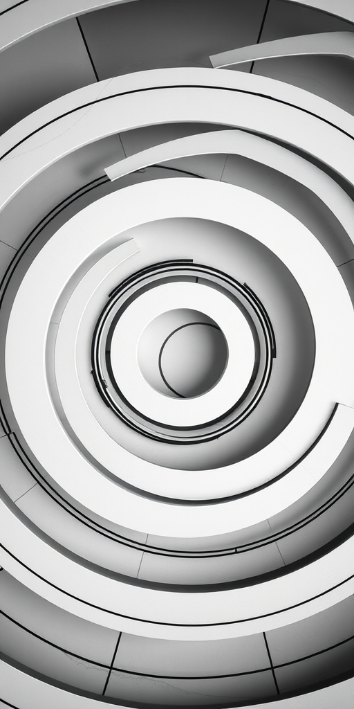 Create a high-resolution abstract image featuring interlocking circular patterns with varying line thickness in black and white, shot with a Canon EOS R5 at f/8, 1/125s, ISO 100, using a wide-angle lens from a top-down perspective for enhanced detail and clarity.