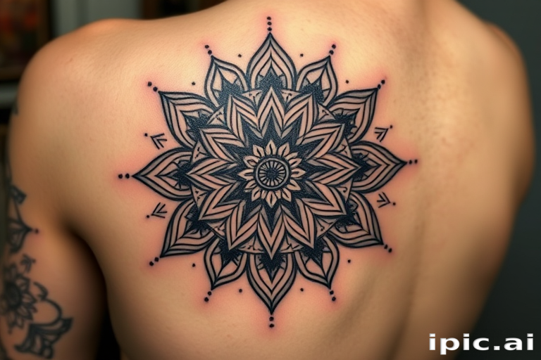 Geometric blackwork tattoo called "Sacred Symmetry" combining intricate mandala patterns with sharp angles and dotwork shading to create a three-dimensional optical illusion effect on the skin