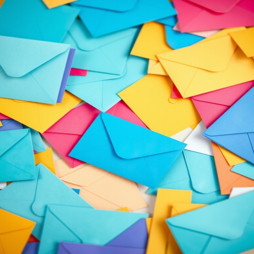 Create an image of colorful envelopes scattered haphazardly, emphasizing a blue envelope in the center, sharp focus, macro lens, aperture f/2.8, ISO 100, 50mm lens, natural lighting, high-resolution.